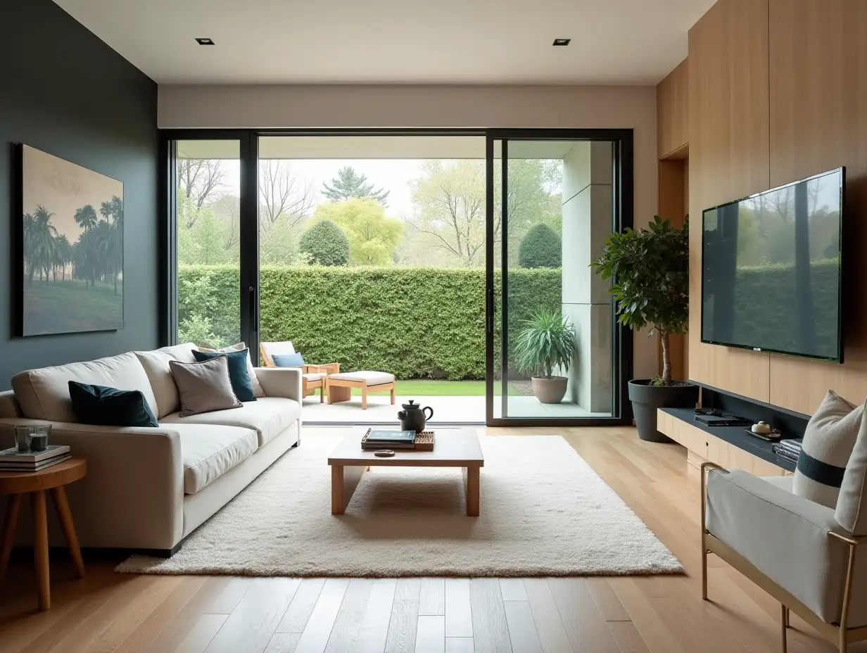 modern living room with open window door to the garden