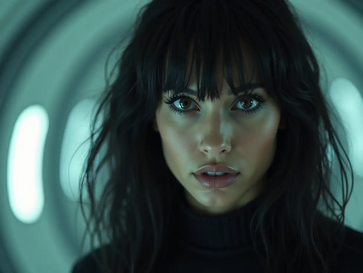 This image depicts a highly surreal scene set in a futuristic setting, possibly a spaceship or advanced facility, with a woman prominently in the foreground. She has resembling Jennifer Lopez, adding a mysterious, almost otherworldly quality to her appearance. Her expression is subtle yet intense, suggesting confidence or defiance. Her hair is dark and fringed