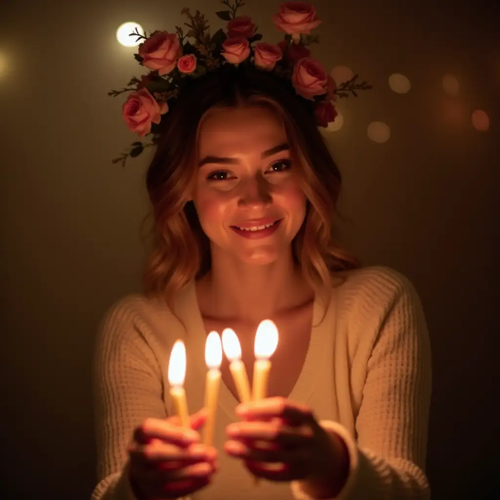 A beautiful woman attractive at her birthday party full of flowers and candles with her friends having fun