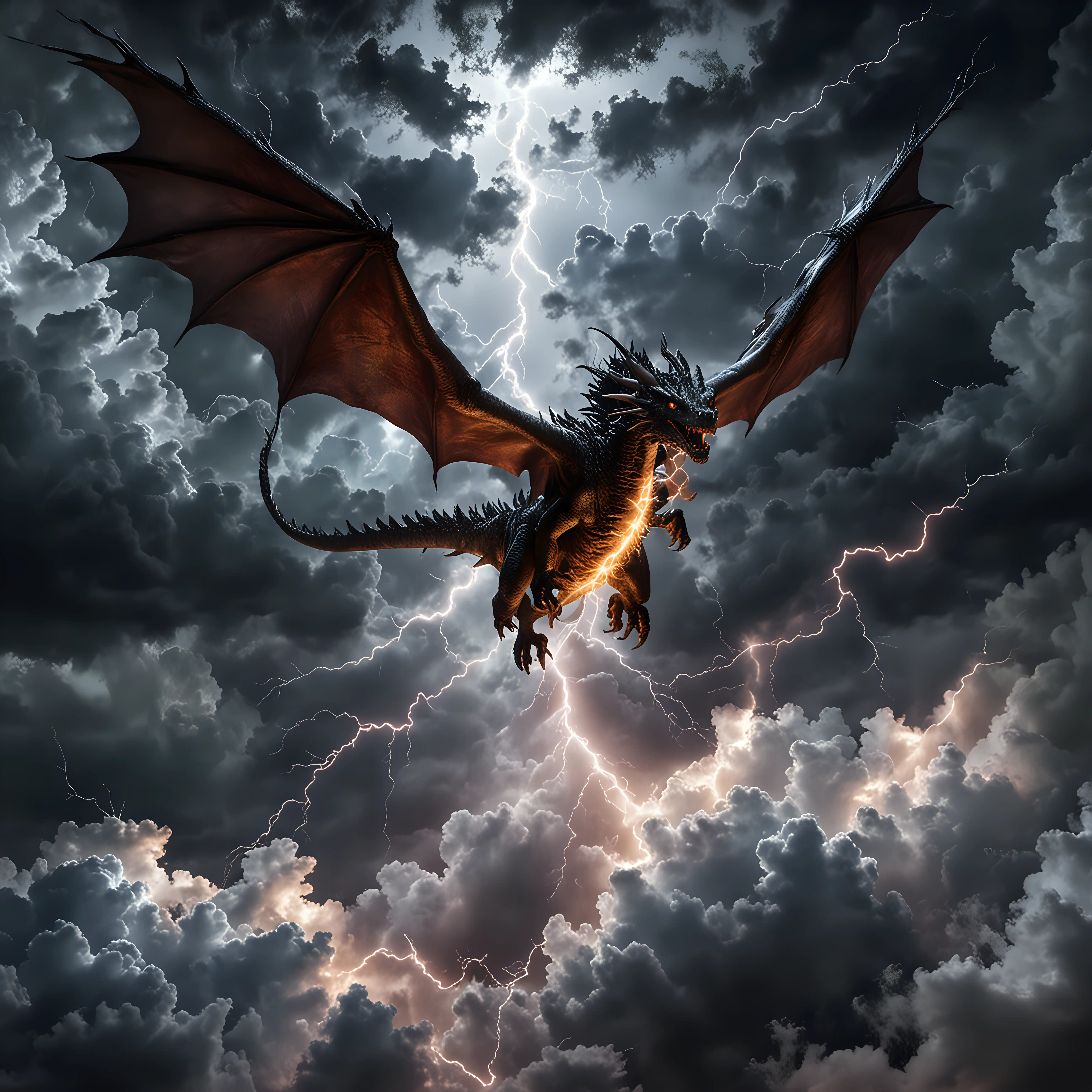a dragon flying through dark sky through clouds with lightning