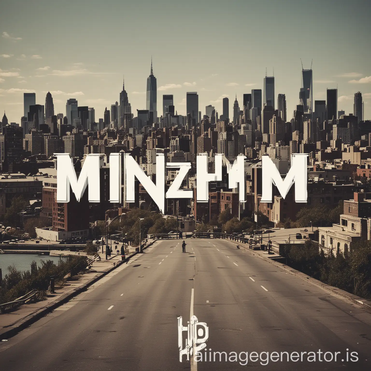 minimlizm, write text 'hip hop' logo, city in background