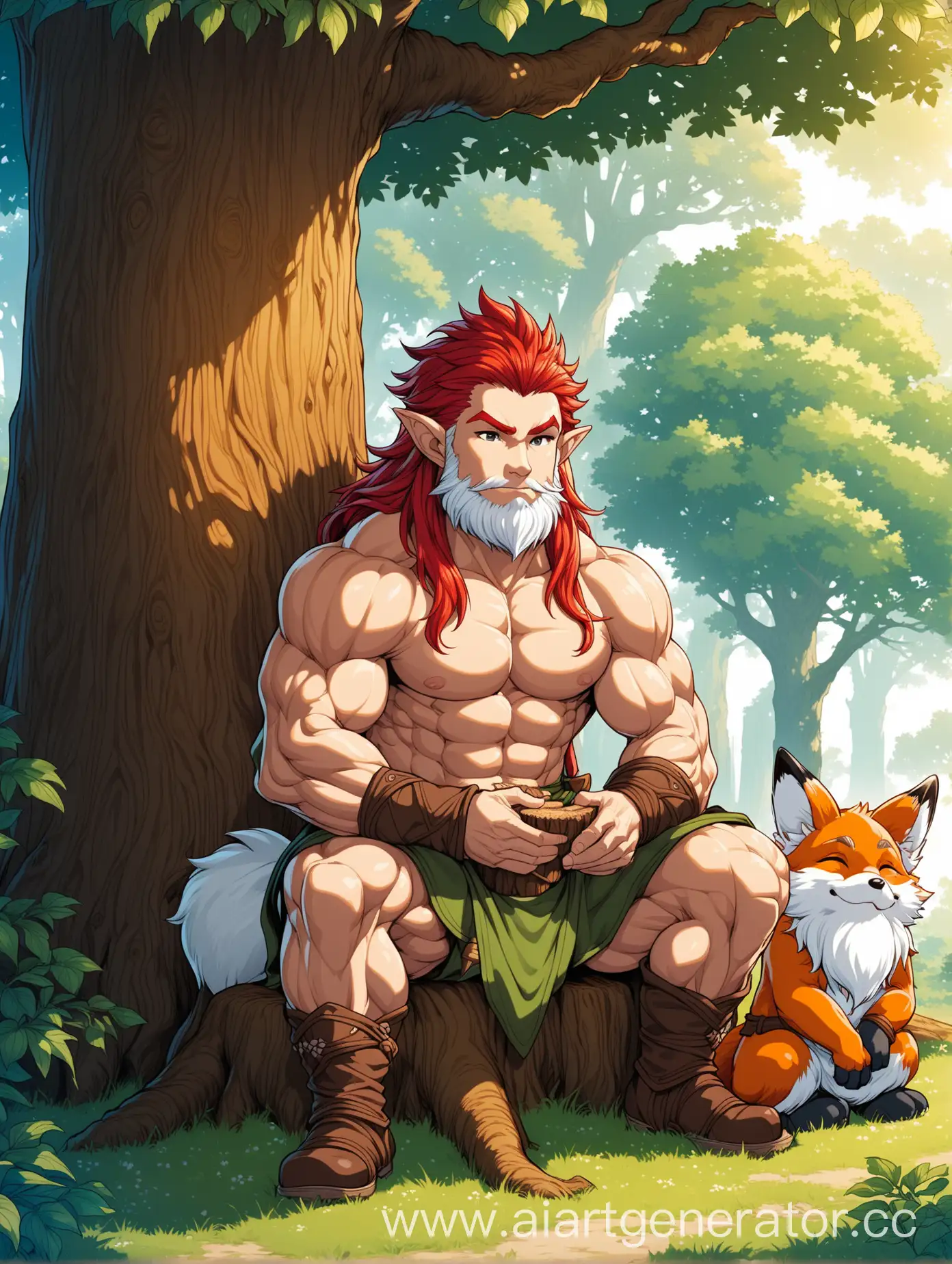 Fantasy-Gnome-Druid-with-Red-Hair-Stroking-Little-Fox-Under-Oak-Tree