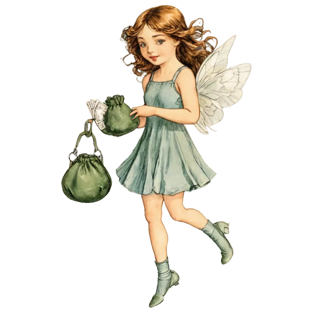 a charming fairy holding a money purse, in Cicely Mary Barker's style