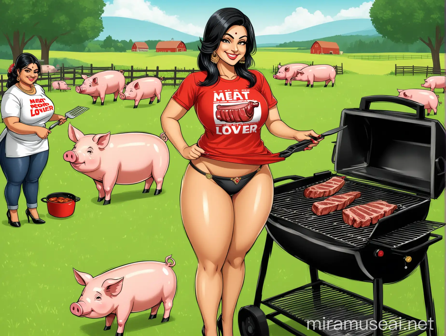 Smiling Indian Woman Cooking Pork on Griller in Farm Setting