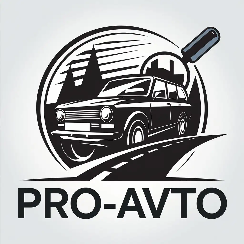 LOGO-Design-for-PROAVTO-Automotive-Industry-Vector-with-Car-Magnifying-Glass-and-Road