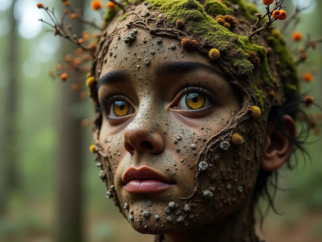 Face transformed into building with brown Fly Agaric roots