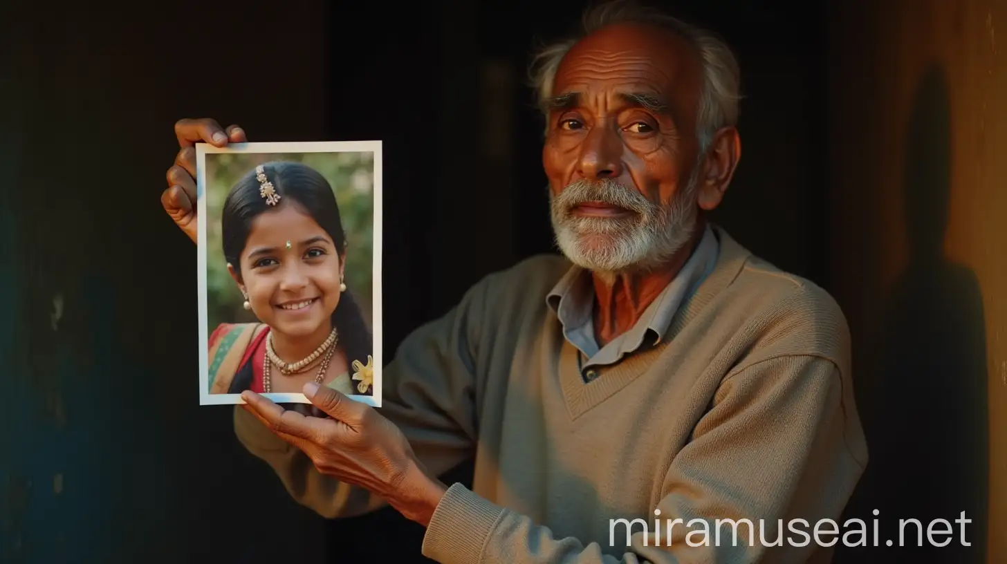 Elderly Indian Man Holding a Cherished Photo of a Smiling Girl