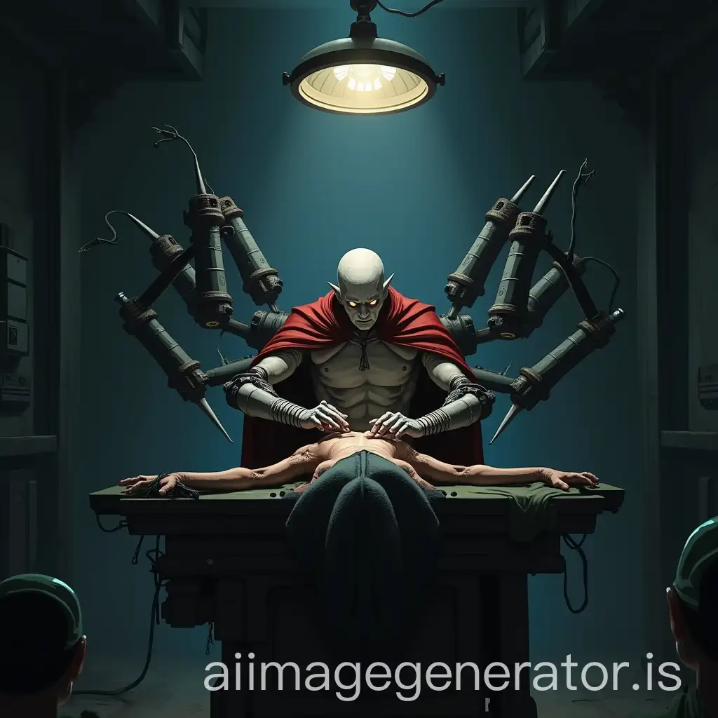 within the world of warhammer 40k, the scene takes place in the laboratory of a drukhari surgeon with an operating table in the center of the room, this surgeon has pale and gray skin, almond-shaped eyes, a dark red cape, he is alone in the room, he has scalpels or blades or syringes in each of his six robotic arms, his arms branch off from his back and are oriented towards the patient, the surgeon operates on a space marine on an operating table, the back of the scene is dark with only one lamp above the table