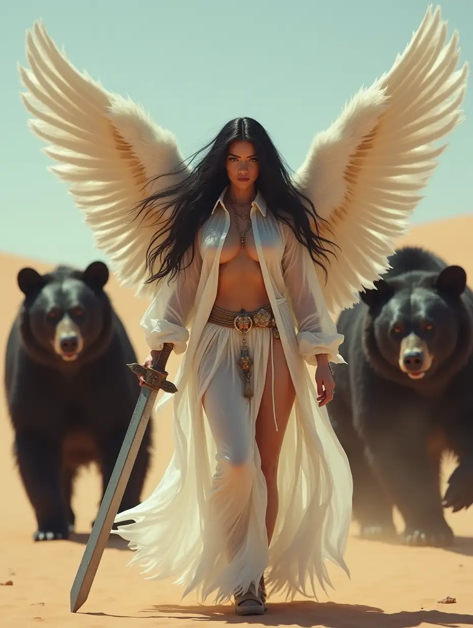 Hyper realistic photo: black hair Fairy woman with huge feathered wings is wearing see-through, transparent, open cute, unbuttoned white shirt with some armor. She has sword and bow, and walking with her two supernaturally huge black bears in a desert.