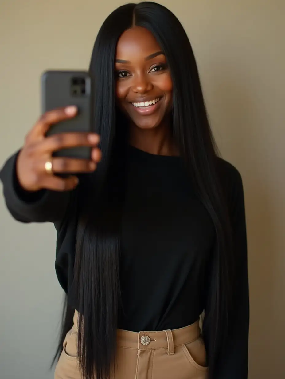 American-Nigerian woman with black shirt, khaki pants and super long silky shiny straight black hair (classic length) taking a selfie.