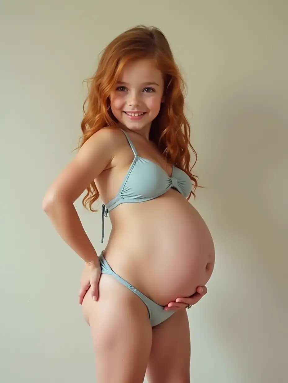 Full body in view, adorable cute kid petite auburn hair happy young girl with ((big pregnant belly)), wearing ((small)) bikini