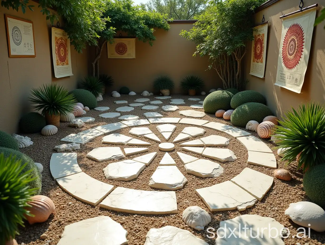 a beautiful garden with several tiled paths, dodecahedra in white stones, posters with mandals and formulas on walls, spiralling seashells, sunny and mysterious atmosphere, high precision