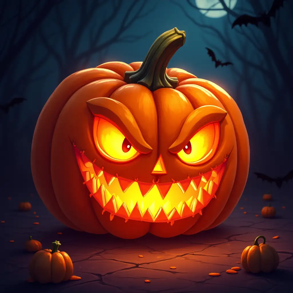 A vibrant digital illustration of a carved pumpkin, glowing eerily in a dark space. The pumpkin is large and prominent, showcasing a finely detailed face with exaggerated features that convey a sinister and mischievous expression. His eyes are toothed and menacing, foam overflows from his eyes while his mouth is twisted into a wicked smile and if you see what's in his mouth you see fire, with flickering flames illuminating the sculpted details from the inside. The bright warm orange of the pumpkin contrasts sharply with the deep shadows of the background, which are filled with subtle hints of Halloween patterns like cobwebs and faint silhouettes of bats. The pumpkin is slightly off-center, drawing the viewer's eye directly to its fiery expression. The overall vibe is both playful and spooky, capturing the essence of celebrating Halloween. High saturation, cartoon style, dynamic lighting, soft edges, whimsical shadows, Halloween-themed ambiance, bright colors.