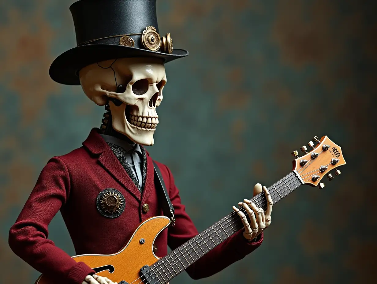 Create a high-resolution, realistic image of a robot with a skeletal body, porcelain hands and head with eyebrows, a sweater, a Steampunk top hat and a guitar in 4K resolution (Steampunk 8K quality)