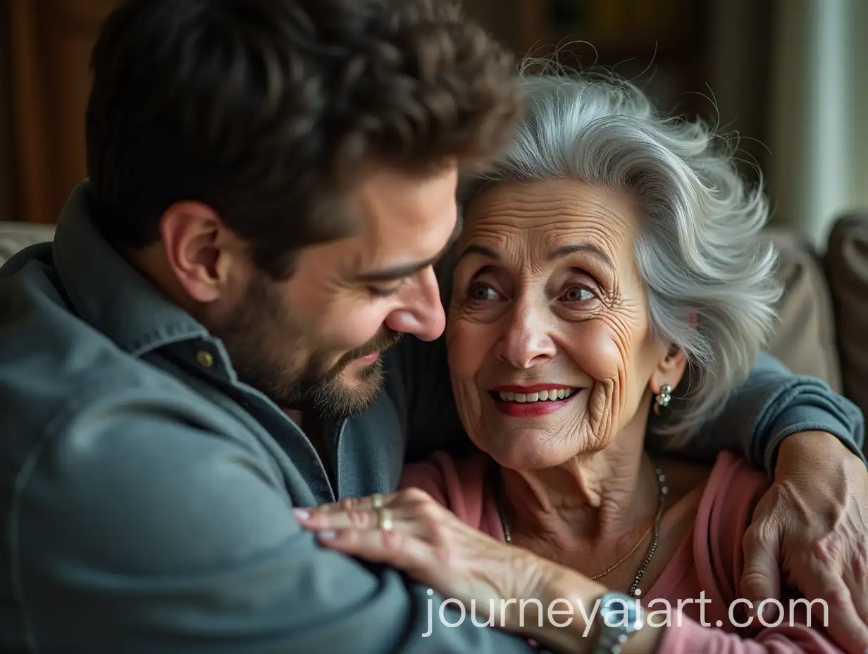 Senior-Woman-and-Handsome-Brunette-in-Playful-Embrace-on-Sofa