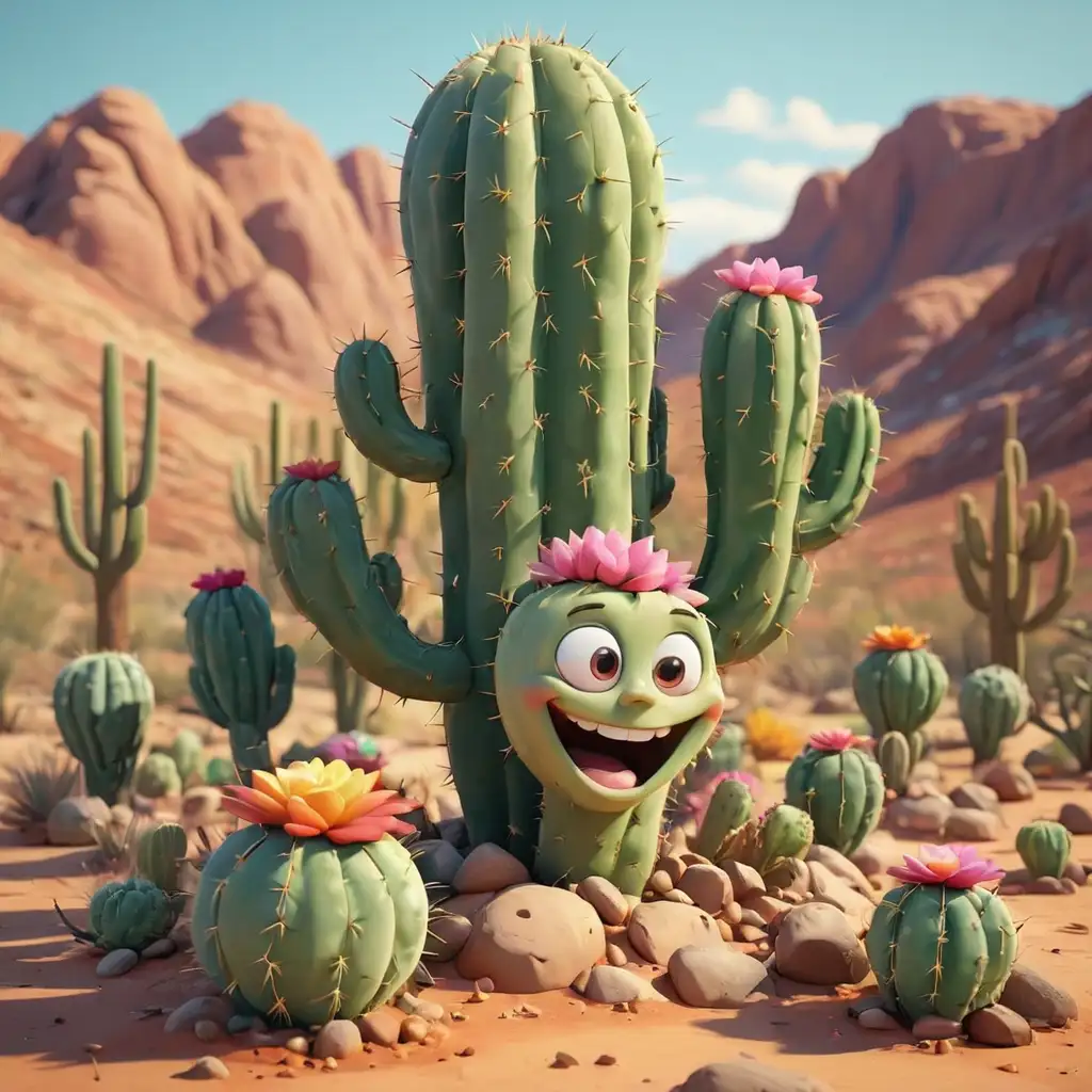 Cheerful CartoonStyle Cacti in Colorful Desert Landscape