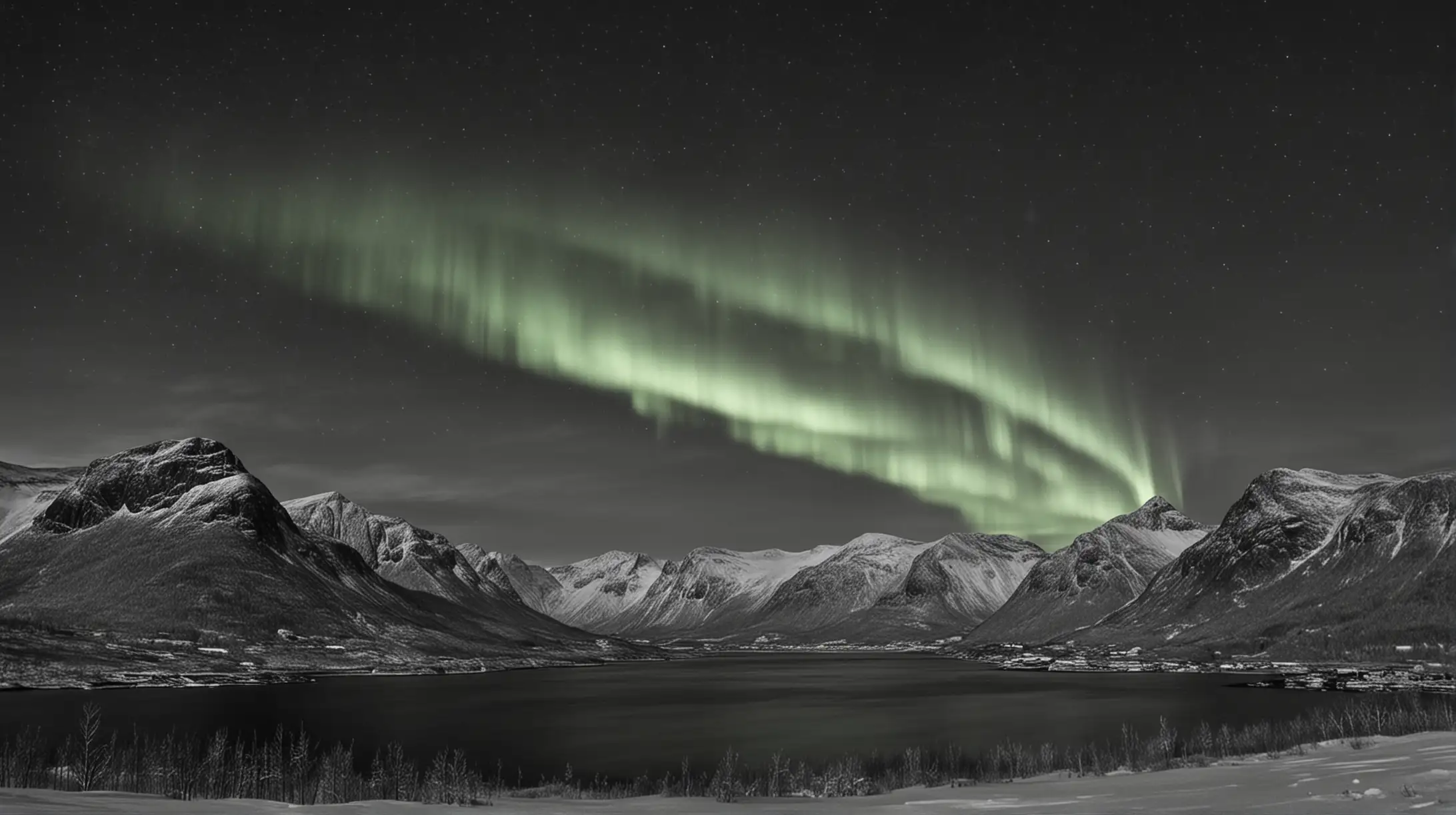 Show me the northernmost regions of Norway during the dark winter months, when the Northern Lights are clearly visible across the night sky. Show all of this in grayscale.