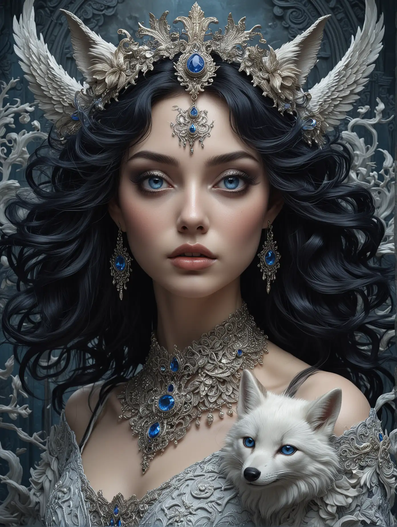 A highly detailed fantasy digital illustration features aClose-up portrait of a woman with an ethereal and mystical appearance, centered in the composition. Her facial features are striking, with intense piercing blue eyes looking directly at the viewer, accentuated by dramatic makeup including dark eyeliner and shimmering metallic blue lipstick. Her skin is a pale, almost porcelain-like color, contrasting beautifully with her dark hair. The woman's voluminous, flowing dark blue-black hair is intricately styled with numerous elegant waves and curls, cascading down and intertwining with various mythical elements. Ornate designs adorn her forehead, cheeks, and temples, including symmetrical patterns and a central circular motif. The background is filled with swirling clouds and ethereal mist in shades of gray and beige, creating a dreamlike atmosphere. Surrounding her are intricate designs and mythical creatures, including a large, intricately detailed fish with scales visible on its body in the lower left, a white fox-like creature with scales spiraling around its body in the lower right, and a black bird with outstretched wings flying near the top right corner. The color palette consists of cool hues, predominantly navy blue, midnight blue, light beige, and ivory, with high contrast and moderate saturation. The lighting is soft and even, highlighting the woman's features and the ornate designs while casting subtle shadows, giving the image a mysterious and otherworldly mood. The overall style is highly fantastical and surreal, with a balanced composition and intricate details throughout, creating a captivating and immersive visual experience.