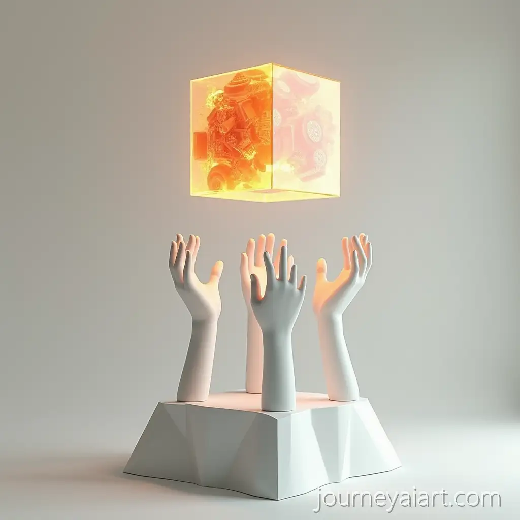 Surreal-hands-and-cubeSurreal-3D-Rendering-of-Hands-Emerging-from-Geometric-Pedestal-with-Glowing-Abstract-Cube