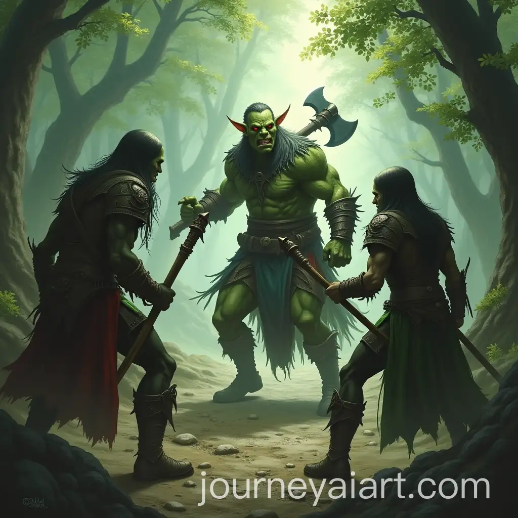 Epic-Battle-Orc-Warrior-Clashing-with-Two-Elves-of-Light