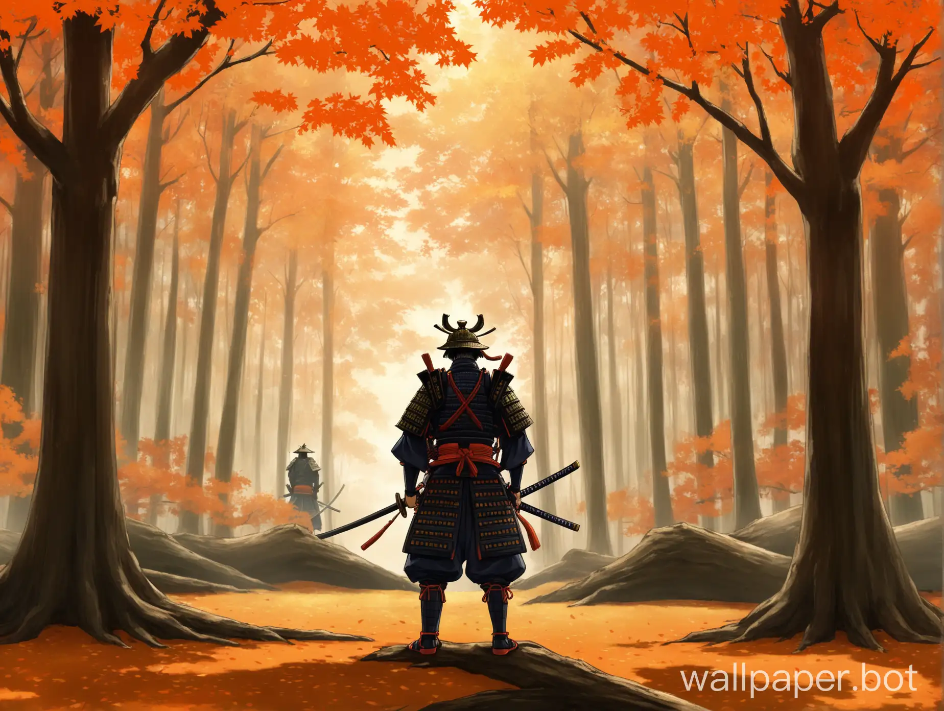 a scenery where samurai is shown from behind from distance standing on a large tree laying on the ground with a background of forest with large trees with orange leaves