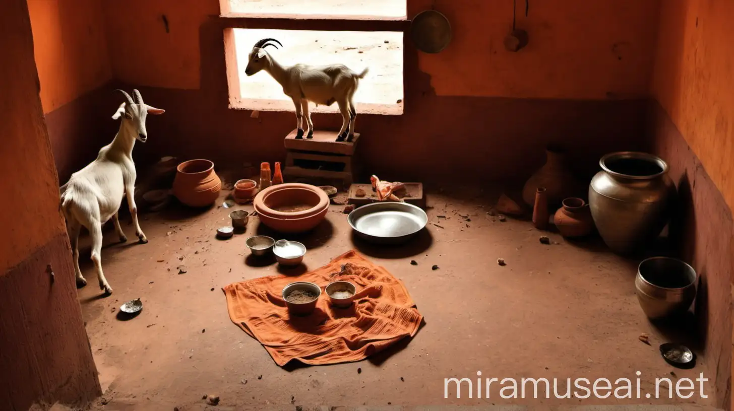 Traditional Indian Kitchen Scene with Goat and Utensils