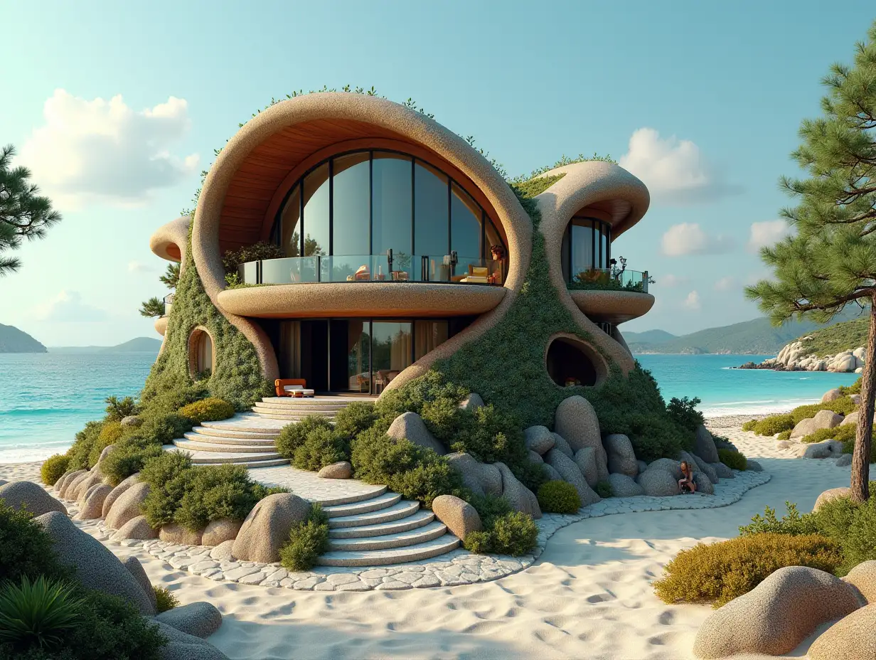 AI crooked house with a side line to the beach  Planting-with wood Stuck in the form of plant decoration, large windows with glass closed, curved, smooth window shapes, winding grand entrance staircase from marble complex, curved roof with dike, lanterns, beach with a woman sitting on the beach with, view of the sea 4K resolution colorful wide-angle shots