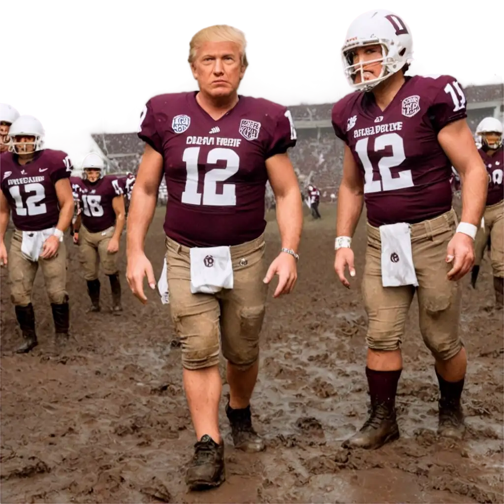 Donald Trump as An Aggie Football player wearing number 12 on his uniform in a muddy environment at Kyle field