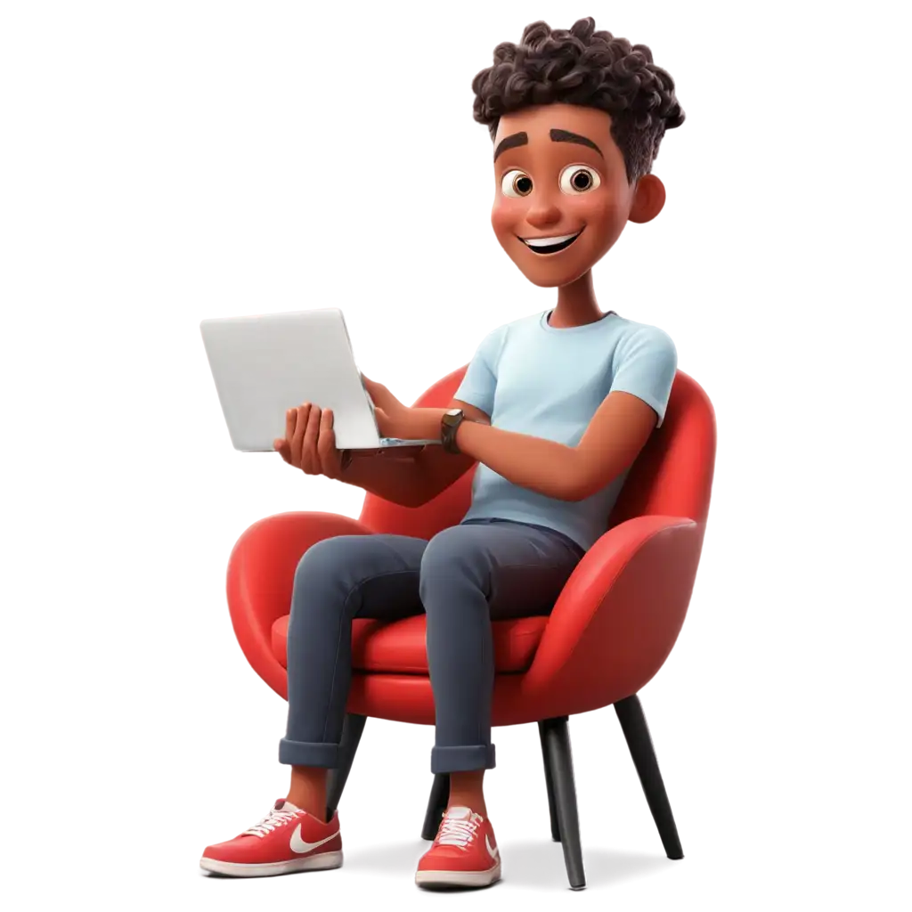 Cartoon-Character-Sitting-on-Red-Chair-Engaging-with-Mobile-Phone-and-Laptop-PNG-Image