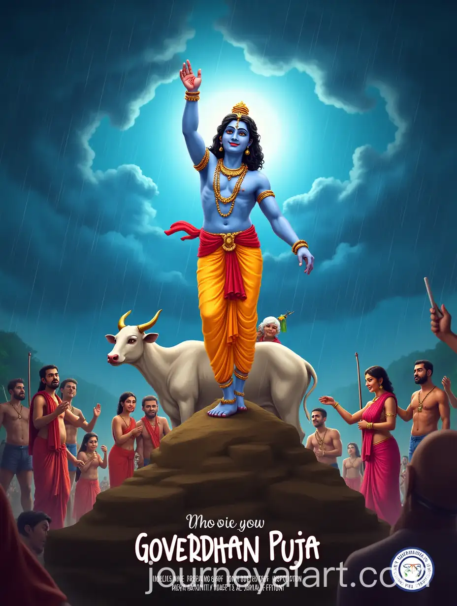 Lord-Krishna-Lifting-Govardhan-Mountain-Surrounded-by-Devotees