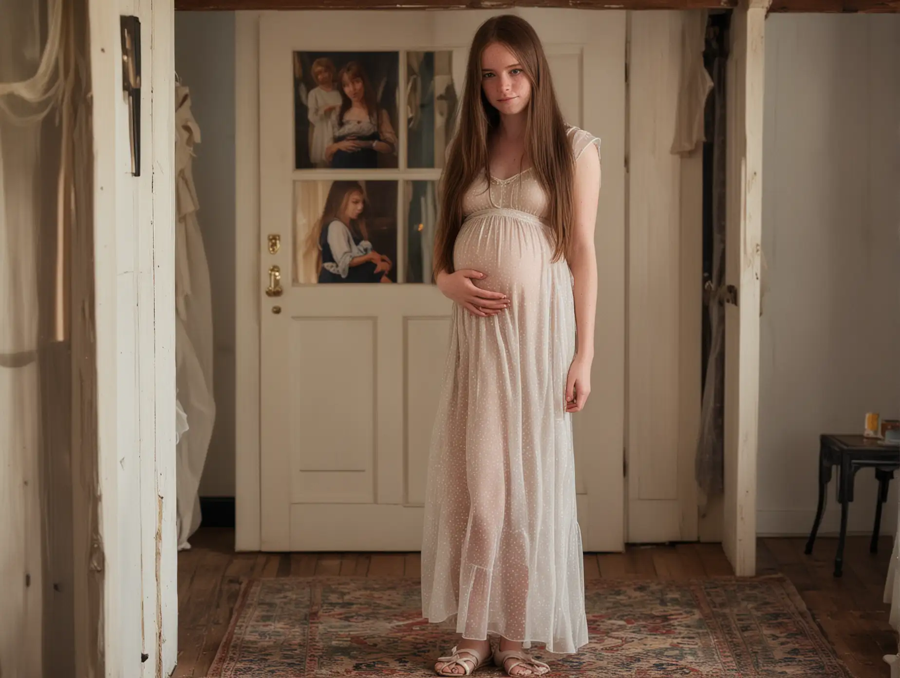 Petite Teen female with very long straight hair, freckles, and pregnant. wearing a sheer dress and Mary Jane shoes. In a fancy cottage house, very cute and shy, holding pregnant belly.