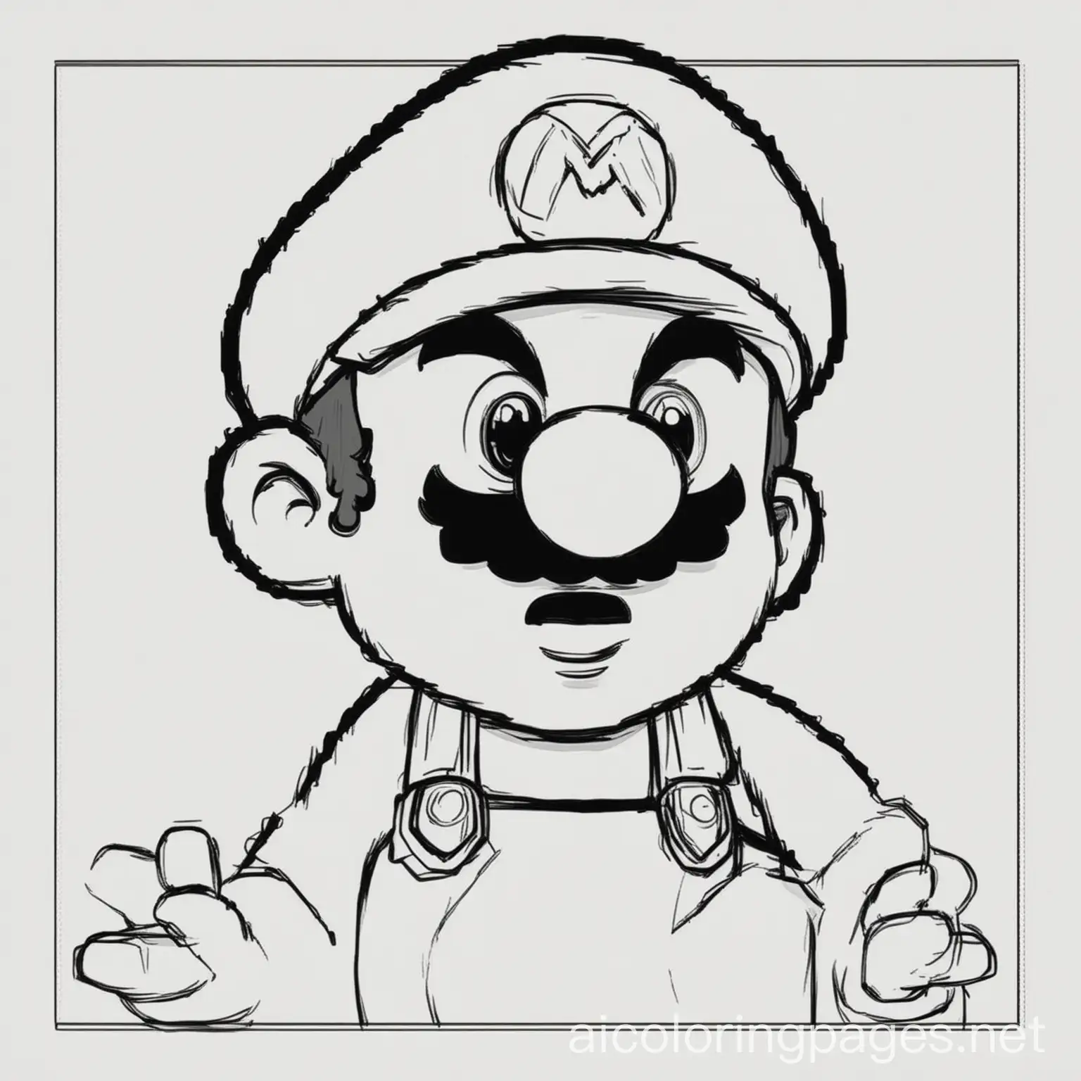 Hard super mario, Coloring Page, black and white, line art, white background, Simplicity, Ample White Space. The background of the coloring page is plain white to make it easy for young children to color within the lines. The outlines of all the subjects are easy to distinguish, making it simple for kids to color without too much difficulty