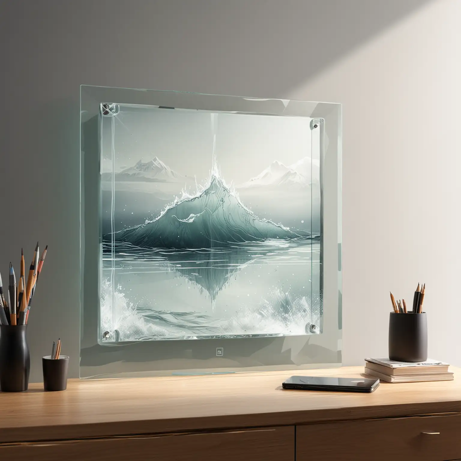 Draw a clear, high-definition, square artistic glass that takes up the entire screen, with bright reflections and a smooth, responsive feel.