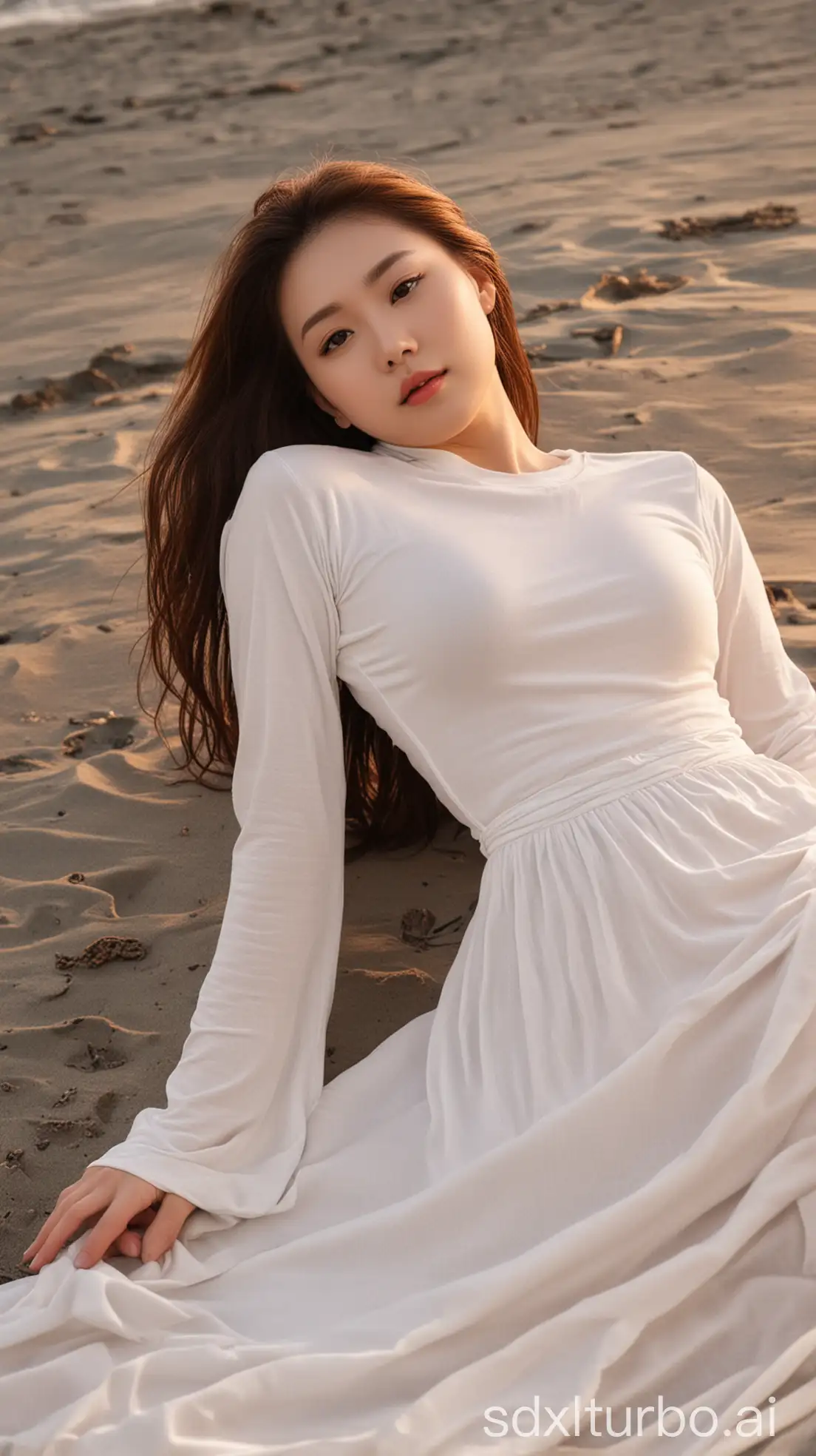 Chinese-Beauty-in-Winter-Fashion-at-Sunset-on-the-Beach