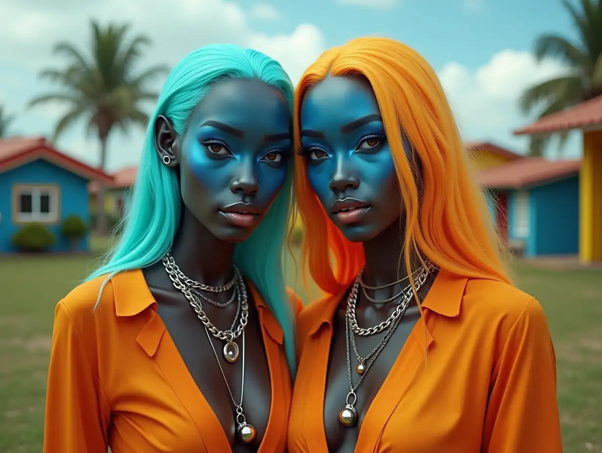 Two blue, Alien woman with long golden hair, face with makeup wearing an orange deep cut blouse, tattoos, glass chains with ball pendant, white lipstick emphasizing her smile, black skin, in a park with many houses in cyberpunk colorful Brazil 8k quality