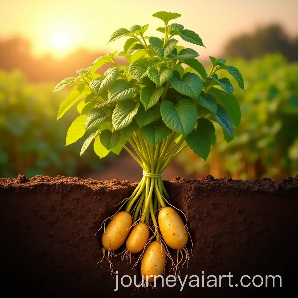 Surreal-Potato-Farm-at-Sunset-with-Glowing-Roots-and-Vibrant-Leaves