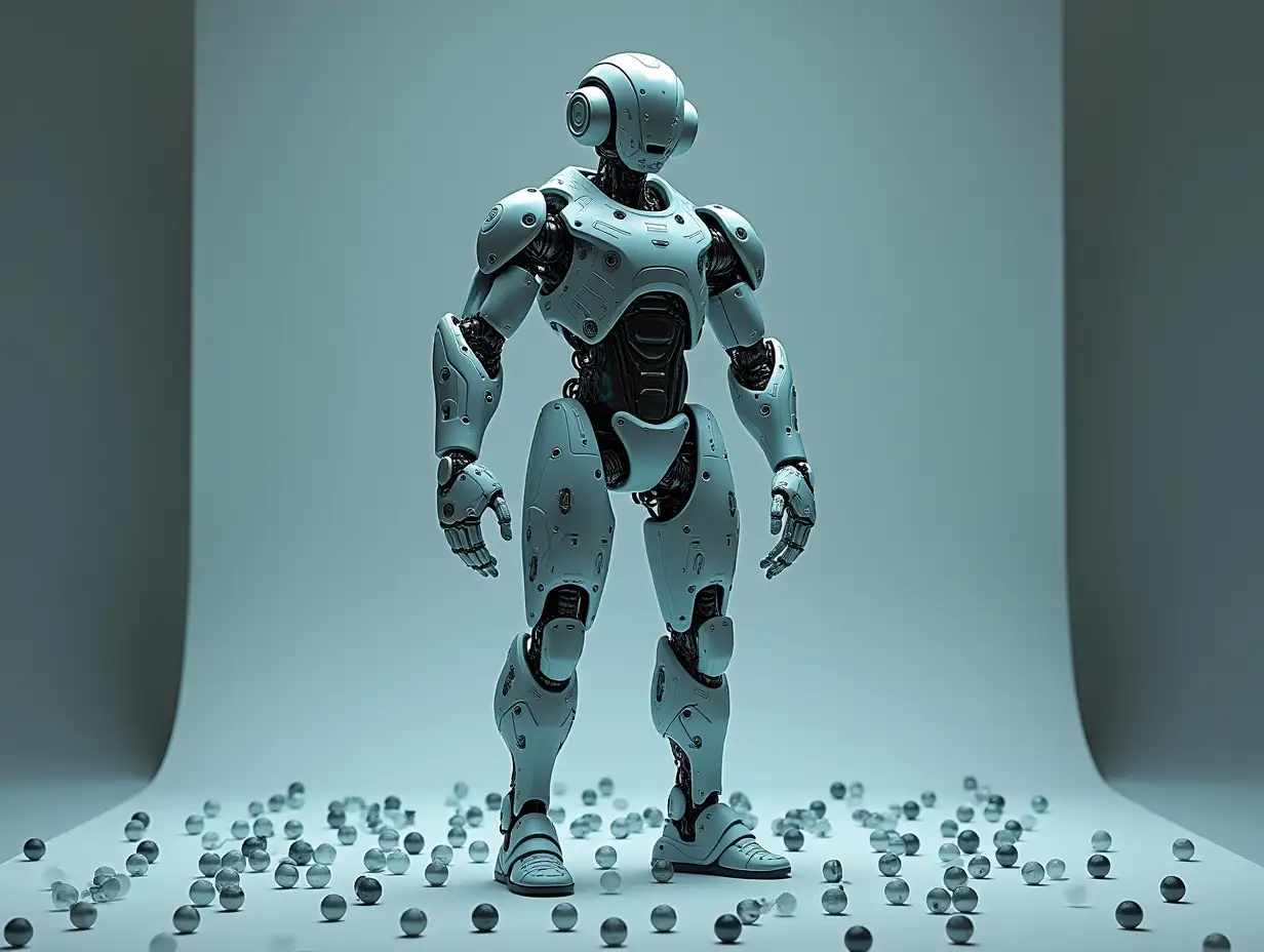 Create a high-resolution, realistic image of artificial intelligence (humanoid mixed Fractals patterns, two meters tall, with headphone arms and legs, with screws) and many small glass balls on the floor in a 4K resolution.