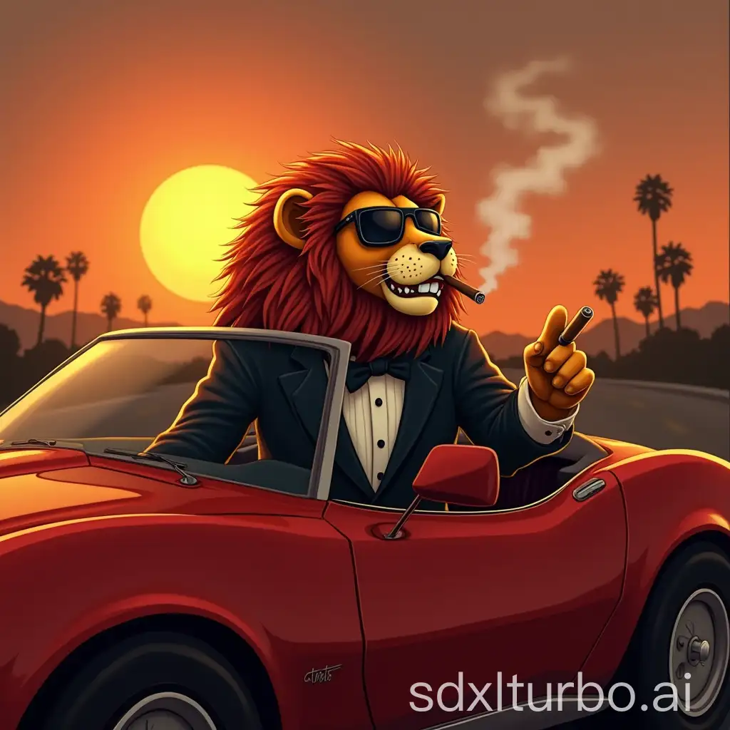 Gangster-Lion-in-Tuxedo-Driving-Red-Car-at-Sunset-in-Los-Angeles