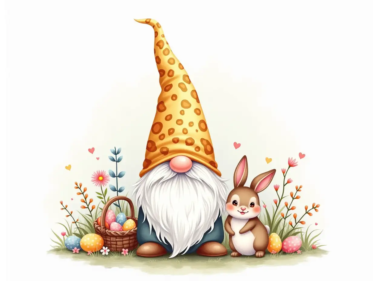 Watercolor, Simple lines. Create an image of a gnome figures with long white beards and no visible faces. A playful Easter gnome with a vibrant leopard Glitter print hat and a mischievous grin. A small bunny companion sits beside him, surrounded by colorful flowers and a basket of decorated eggs. The scene is filled with intricate details and a festive atmosphere. High Resolution, Detail, Clear Tones. Digital art with a realistic style.