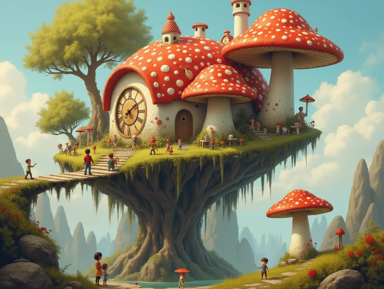 A magical floating mushroom house with tiny people on giant steps and bridge, clocks and mushrooms and tiny people Art