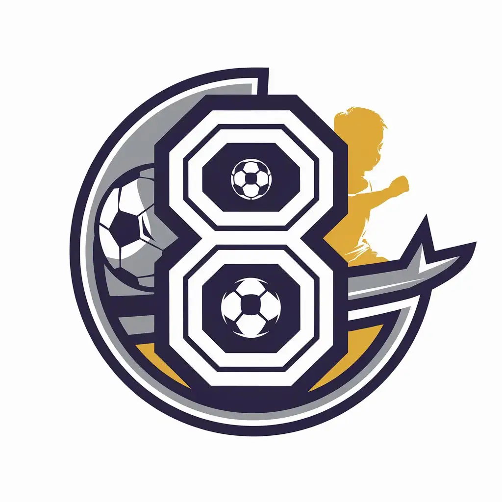 a vector logo design,with the text "8", main symbol:number 8, soccer ball, child, logo should be round,complex,be used in Sports Fitness industry,clear background