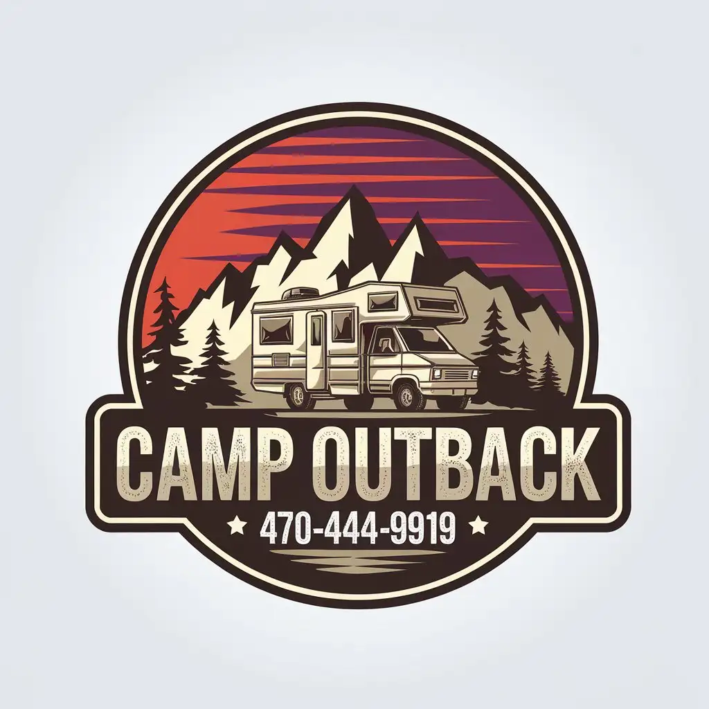 LOGO Design for Camp Outback Camper Mountains Pine Trees and Sunset Theme