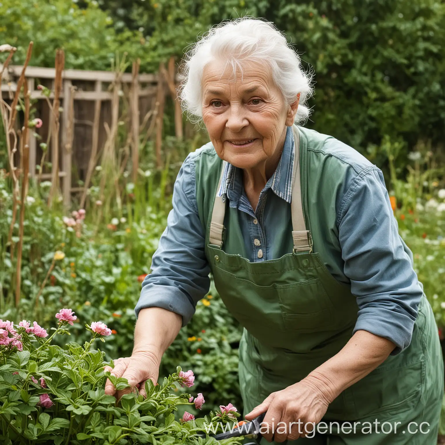 Elderly-Female-Gardener-Tending-to-Her-Garden-in-Bright-Spring-Sunshine