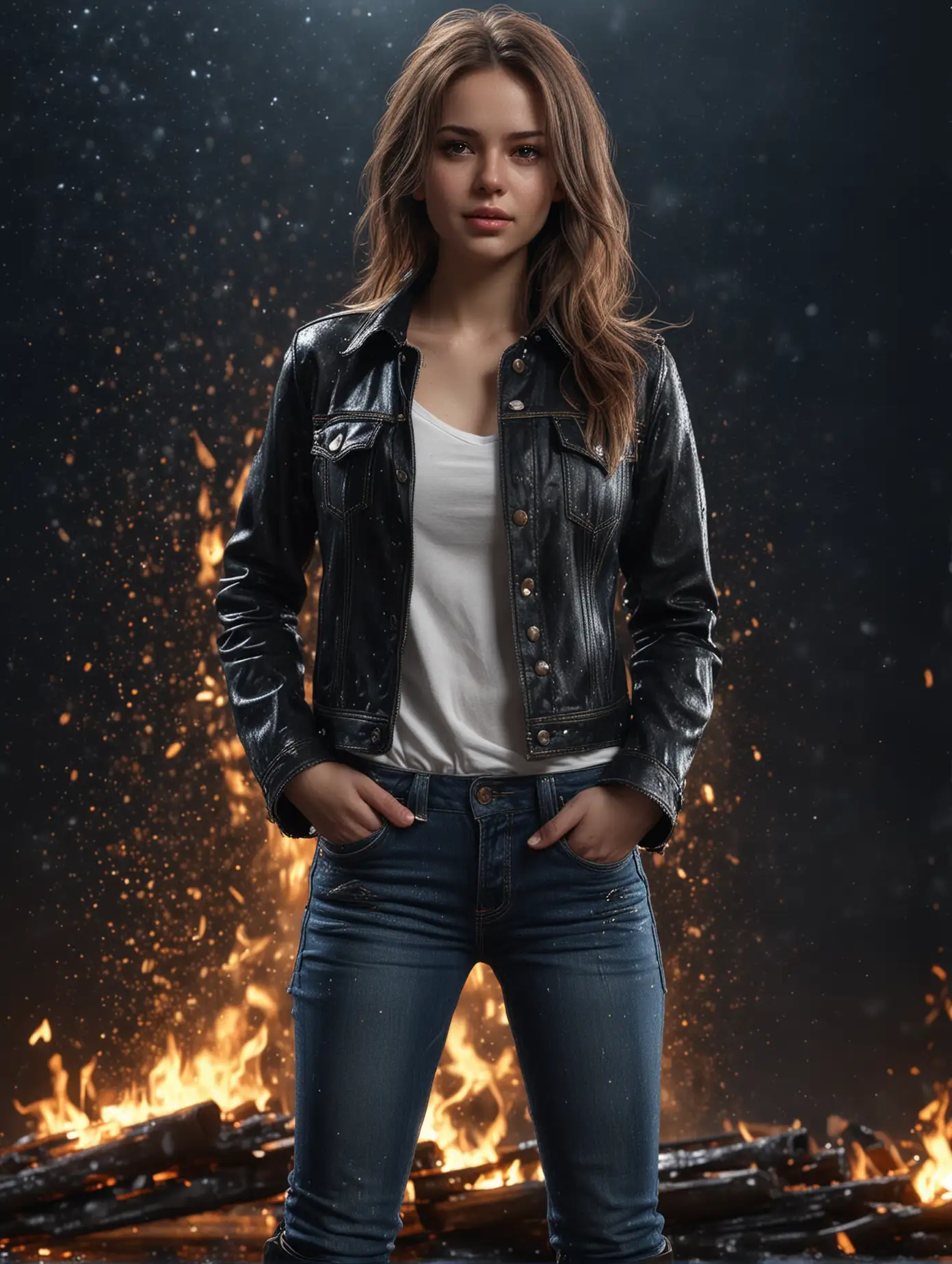 Brunette-Woman-in-Black-Jacket-and-Blue-Jeans-Standing-in-Front-of-Fire-with-Golden-Sparkling-Rain