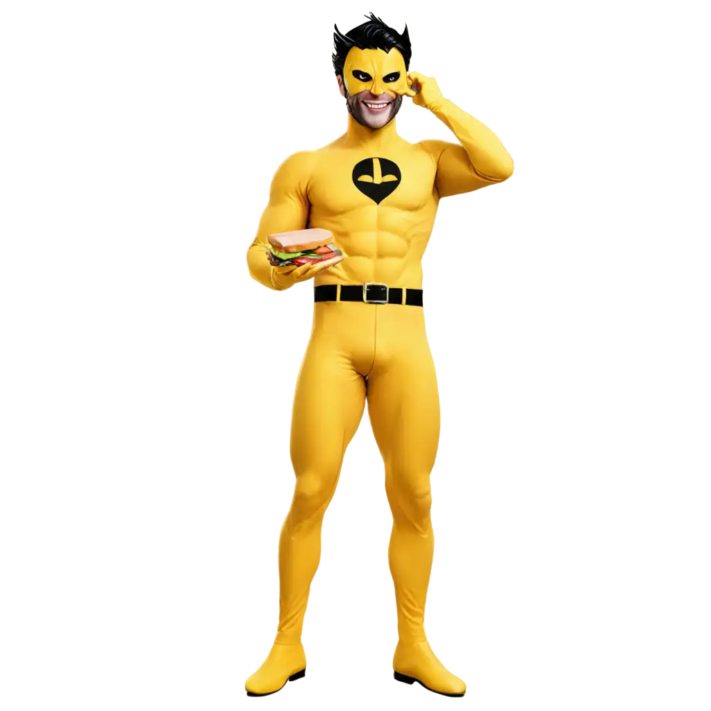 Mangastyle-Superhero-in-Yellow-Suit-Eating-Iberian-Ham-Sandwich-PNG-Image