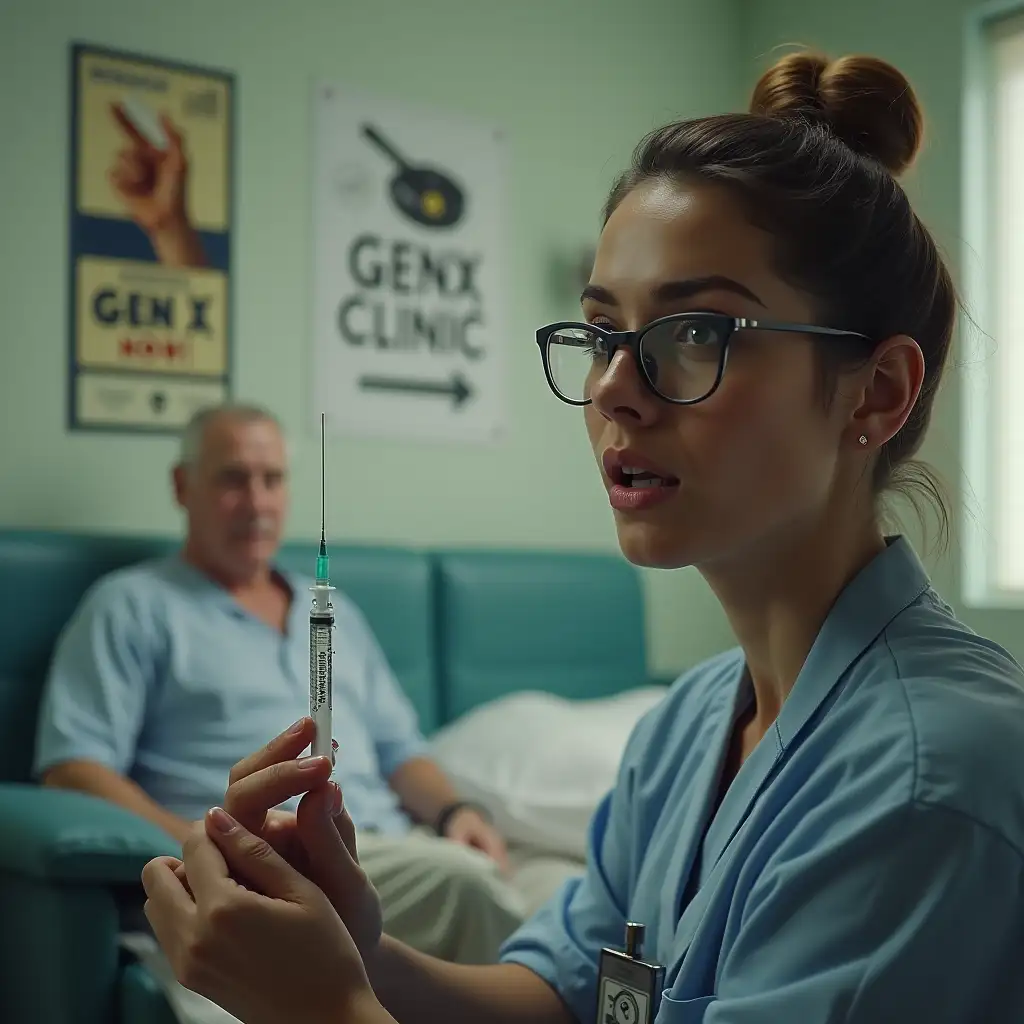 The scene in the background is a typical hospital room, with a couch, a chair next to it, above the couch hangs a poster with a hand holding a filled syringe, underneath it says in large letters 'Gen X Injection, Now!' , next to it hangs a sign that says in large 'GENX CLINIC' Sitting on the chair is a 50-year-old man in a shirt, with one shirt sleeve rolled up to the crook of his arm. He has short brown-gray hair, he rolls his eyes, his mouth is wide open and is amazed at the attractive, lush and made-up nurse in a short coat, with her hair pinned up and glasses who is standing close in the foreground to the camera , she looks cool and directly into the camera She holds a filled syringe in her hand, a few drops slide down the needle, the syringe says 'GENX' in large letters. Make everything very realistic and detailed.