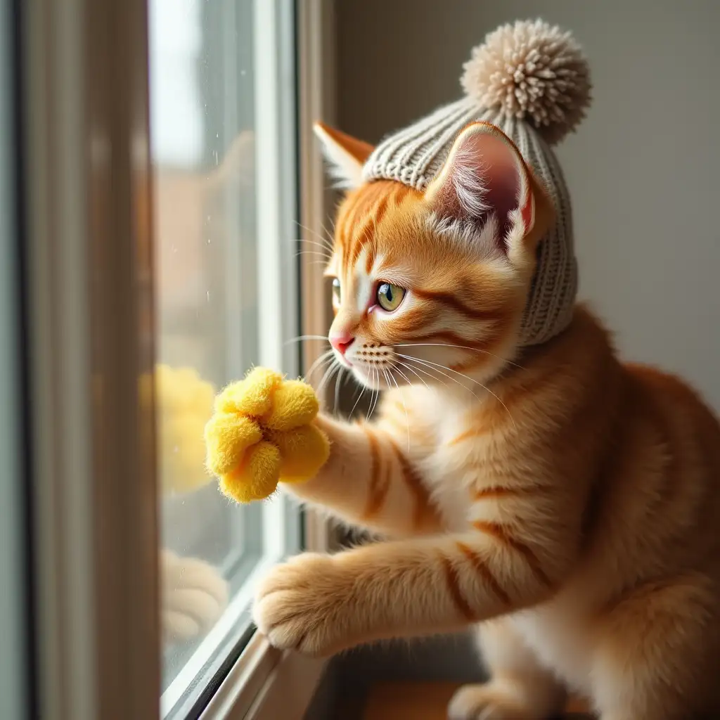 a red cute real kitten in a knitted hat wipes the kitchen glass cabinet with a rag