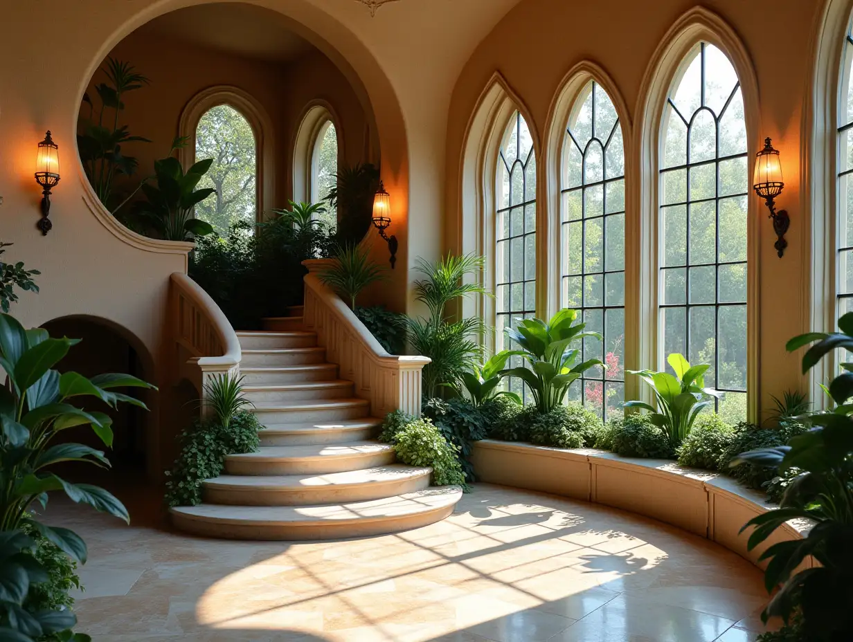 crooked house interior with plants in the form of stucco decorations, large windows with glass closed, curved, smooth window shapes, winding grand entrance stairs made of marble complex curved roof with lanterns, bench 4K resolution colorful