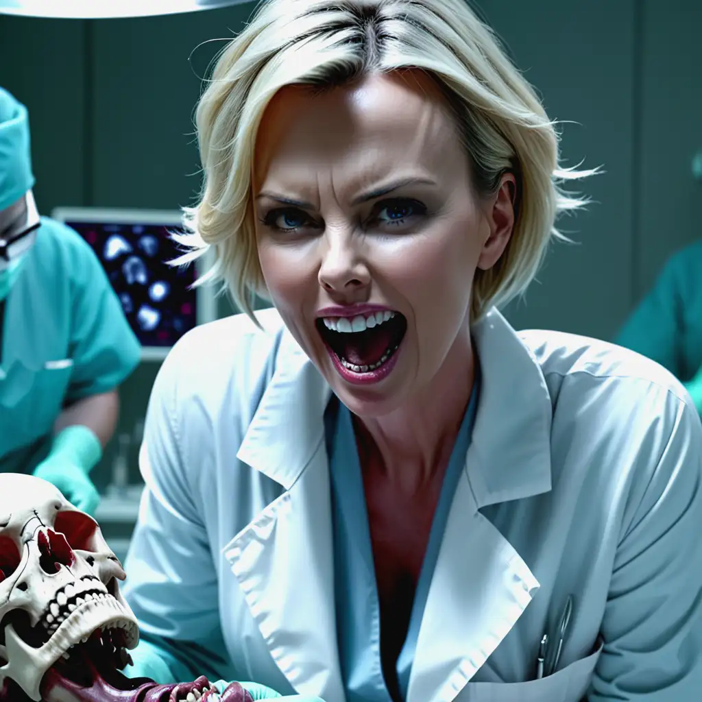 Evil crazy smile surgeon Charlize Theron in  lab coat with deep neckline performs surgery on a screaming patient, skull opening, brain exposed, photo, cinematic, 4k