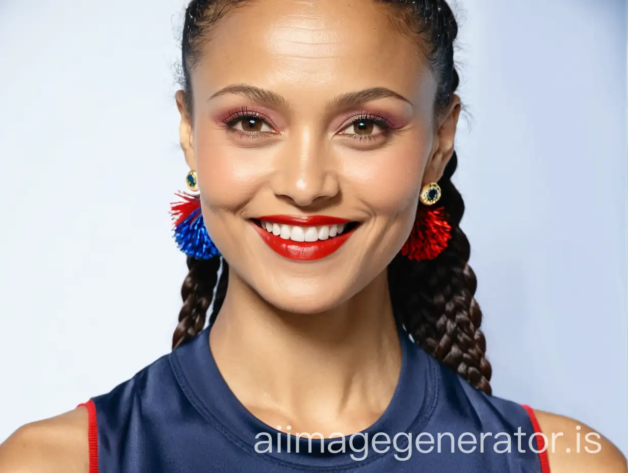 1990s-High-School-Cheerleader-in-Red-and-Blue-with-PomPoms